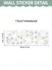 夏季冲浪主题墙贴 | 海浪、冲浪板、海滩小屋房间装饰贴纸、棕榈树和太阳墙贴，适用于儿童房，可移除乙烯基自粘贴纸，哑光表面 - 彩色 - 查看 2