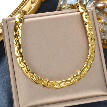 14k Gold Plated Copper Geometric Patchwork 7mm Cuban Link Chain Necklace, Unisex Hip-Hop Streetwear Fashion Jewelry, Suitable For Daily Wear, Parties, Stages, Music Festivals