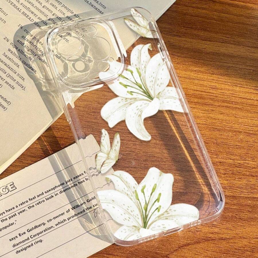 1个新款时尚简约透明TPU蝴蝶白百合花印花手机壳，兼容苹果17系列、11/12/12 Pro、13/14/15、13 Pro/14 Pro/15 Pro、12 Pro Max/13 Pro Max/14 Pro Max/15 Pro Max、16、16 Pro、16 Pro Max、17、17 Pro、17 Pro Max，独特个性设计 - 彩色 - 查看 1