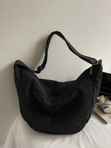 Japanese Style Crescent Moon Shaped Large Capacity Niche Retro Nylon Crossbody Bag, Casual Commuter Wide Strap Dumpling Bag, Student Plaid Shoulder Bag - Black - View 7