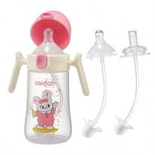 SAIDAH 10oz Shell-Shaped Baby Feeding Bottle With Silicone Straw, Anti-Spill Anti-Leakage, Children's Training Cup With Handle & Weighted Ball, Comes With Extra Nipple & Straw - Multicolor - View 9