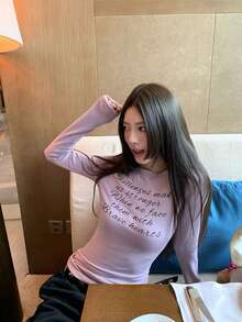 Casual Round Neck T-Shirt With English Letter Print, Fitted Silhouette, New Style Top - Purple - View 5