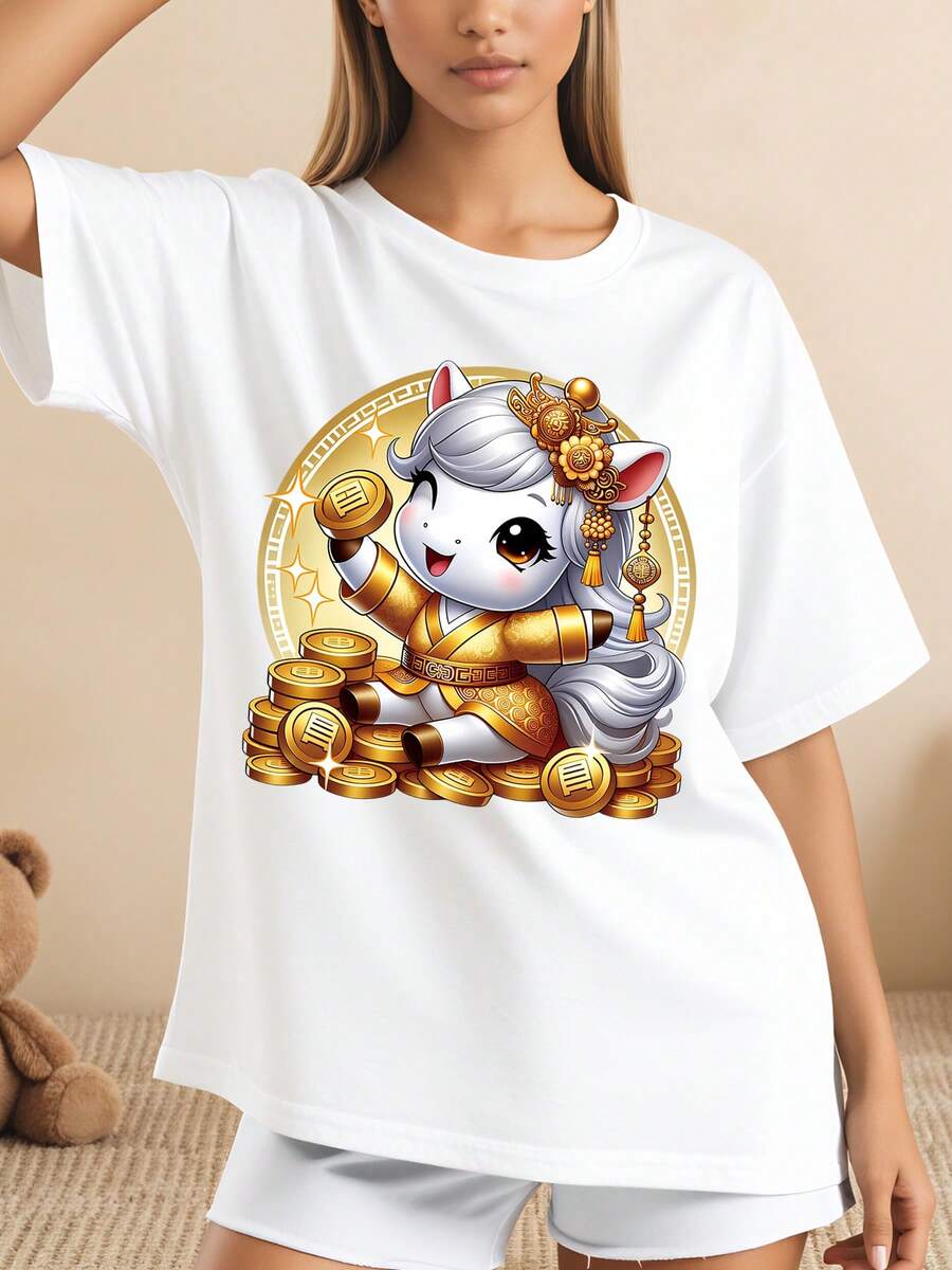 Camiseta blanca con estampado de gato chino de la suerte en estilo kawaii diseño dorado con monedas y detalles tradicionales moda casual para mujeres jóvenes ideal para uso diario o fiestas 220g - Blanco - Ver 1