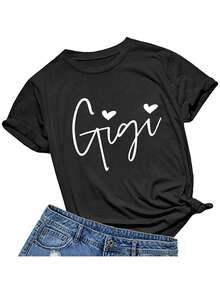 Women's Black Cotton Short Sleeve Womens Gigi Heart Shirts for Grandma Cute Funny T-Shirts Graphic Tees Short Sleeve Tops Womenswear Comfortable - Preto - Ver 1