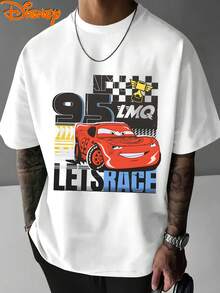 Disney Men's T-Shirt With Lightning McQueen Cartoon Pattern Featuring The Theme Of "Cars", Fashionable, Soft And Comfortable Cotton T-Shirt, Retro Street Feel - White - View 1