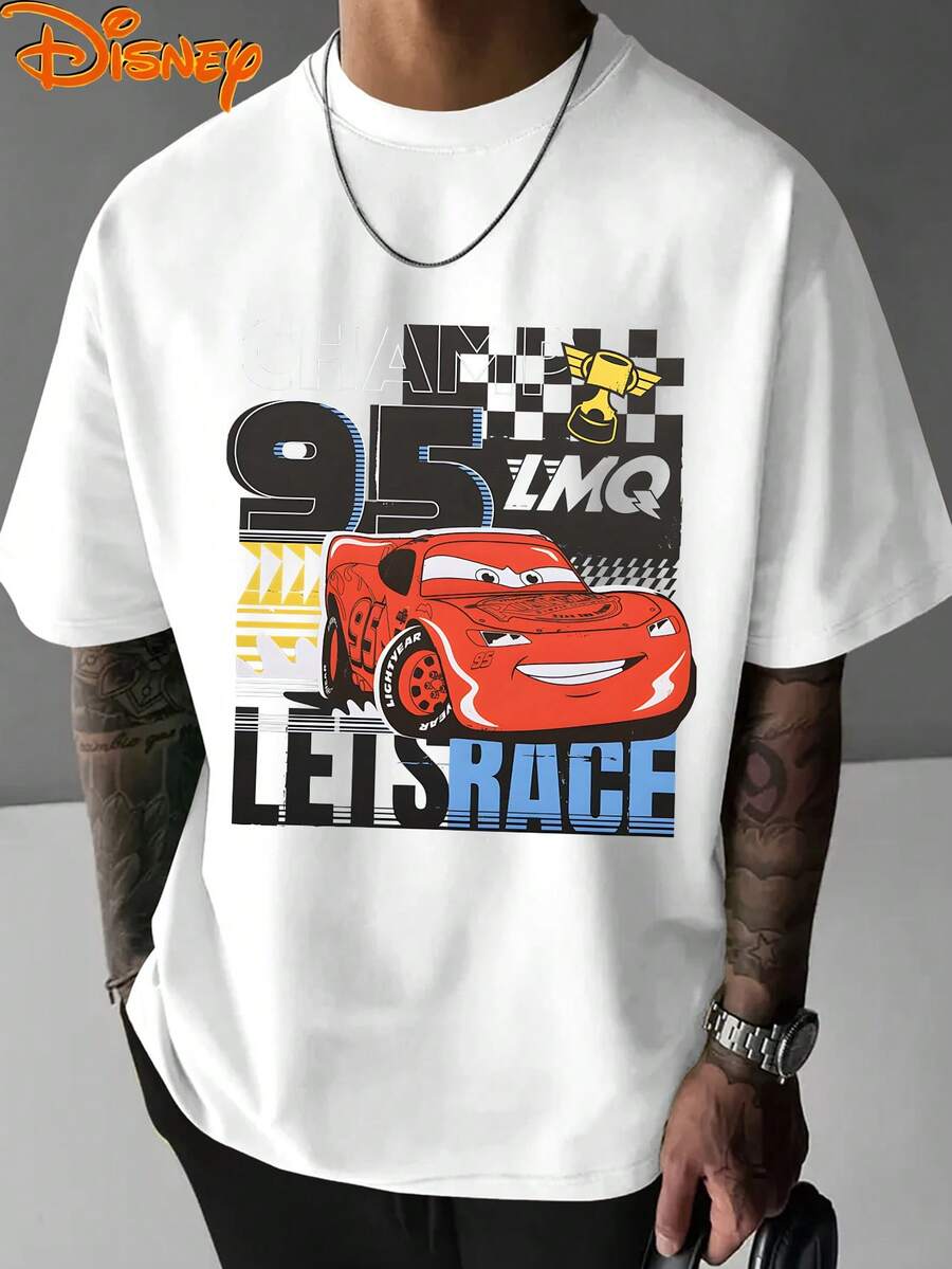 Disney Men's T-Shirt With Lightning McQueen Cartoon Pattern Featuring The Theme Of "Cars", Fashionable, Soft And Comfortable Cotton T-Shirt, Retro Street Feel - White - View 1