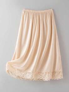 Knee-Length White Satin Contrast Lace Lining Skirt, Opaque Anti-Flashing Lace Trim A-Line Skirt, Matching Underskirt - White - View 15
