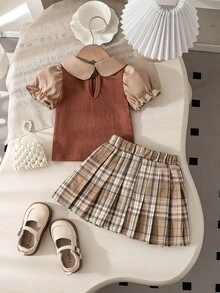 Baby Girls' Fashion Casual Cute Set, Bow Bear Patch Lapel Simple Top + Pleated Patch Skirt - Brown - View 2