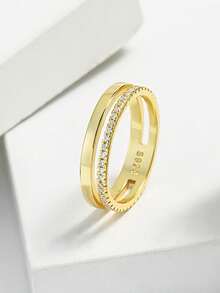 1枚简约扁平开口925纯银女士结婚戒指，优雅精致立方氧化锆戒指，结婚首饰，情侣订婚承诺戒指礼物 - 金色 - 查看 15