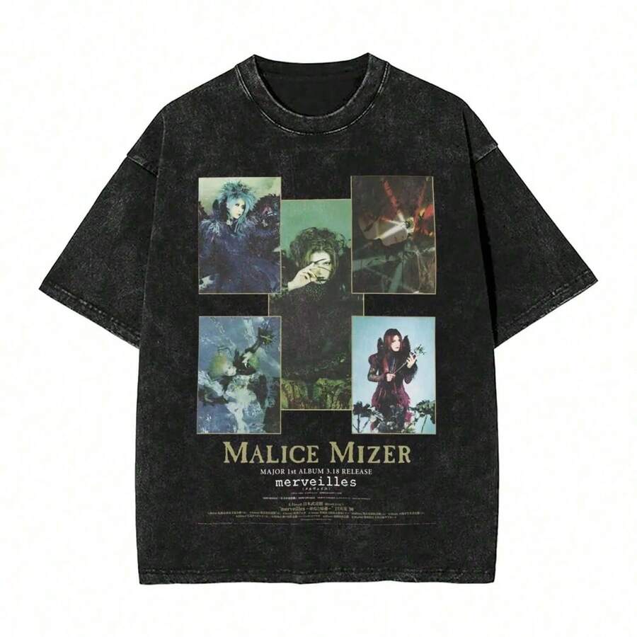 Malice Mizer Band Men's T Shirt Washed Rock Music Fashion Tee Shirt Short Sleeve Crewneck T-Shirts Cotton Gift Tops - 黑色 - 查看 1