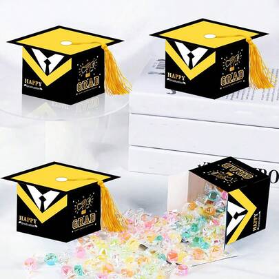24pcs/10pcs Graduation Cap Decoration Box Set With Tassels, Black Mini Party Favors, Foil Pattern, School Graduation Party Gifts For Friends And Family