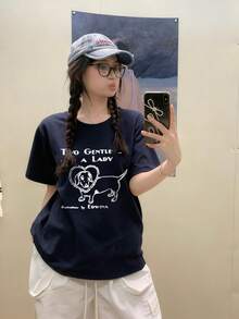 2026 New Summer Women Casual Loose Letter & Puppy Graphic Print T-Shirt, Versatile College Style Short Sleeve Tee - Dark Blue - View 1