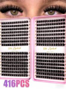 MEM 416/384片仿貂毛假睫毛簇，DIY睫毛嫁接 - 高级D型卷翘浓密自然假睫毛簇，可重复使用，轻盈易戴 - 假睫毛簇，单根假睫毛，睫毛，假睫毛 - D - 查看 9