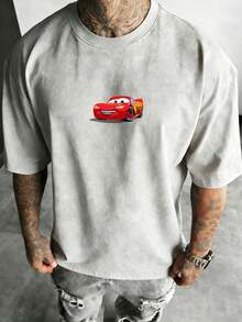 Disney-Disney Pixar Collaboration Pure Cotton Short Sleeved T-Shirt Men's Summer Loose Plus Size Top Racing Mobilization Mickey Lightning McQueen Board Teeth Cartoon Print Casual Half Sleeved Parent-Child Outfit - 淺灰色 - 查看 2