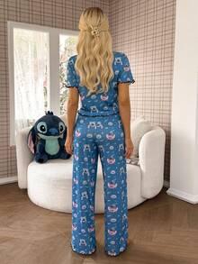 Disney Women's Pajamas Stitch Print Lace Trim Rolled Button Short-Sleeve And Long-Pants Set - Multicolor - View 2