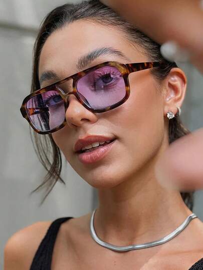 Women's Square Aviator Fashion Fashion Glasses, Retro 70s Double Bridge, Men's Aviator Vintage, Purple Lens