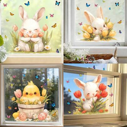 1/4 Set Reusable Rabbit, Tulip, Butterfly Static Cling Window Stickers, Home Office Party Holiday DIY Art Wall Decor, Seasonal Festival Supplies