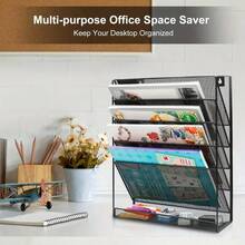 Aimall File Storage Rack, Wrought Iron Desktop Storage Rack, Office Supplies Wall Mounted Iron Mesh Rack, File Management Rack - Black - View 4