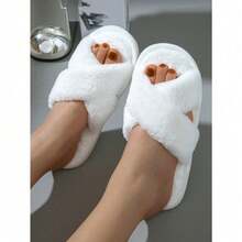 Fashionable Women's Cross Tied Fluffy Slippers, Soft And Warm Fur Home Shoes, Open Toed, Comfortable For Outdoor Wear, Breathable - trắng - Xem 7