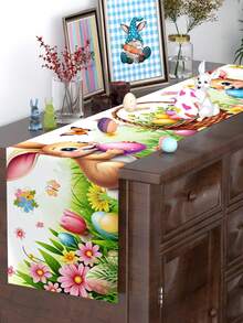 1pc 35*180cm Polyester Easter Farm Style Table Runner, Featuring Vivid Rabbit, Eggs And Basket Patterns, Suitable For 2025 Easter Home Decor, Kitchen Dining Table Decoration, Spring Holiday - Multicolor - View 11