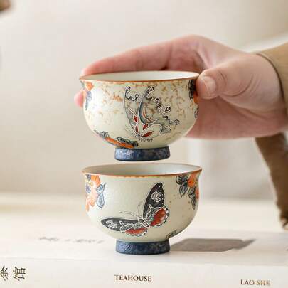 复古桃色蝴蝶舞茶杯，焦糖釉陶瓷功夫茶杯，家用茶具单杯