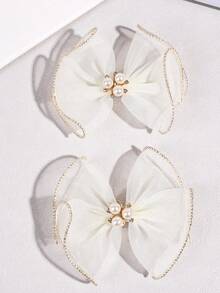 2pcs/Set Girls White Mesh Bow Hair Clips, Elegant Pearl Rhinestone Alligator Hair Clips, Solid Color Ballet Style Hair Clips, Graceful Gift For Girls, Wedding, Daily Wear, Spring - White - View 2