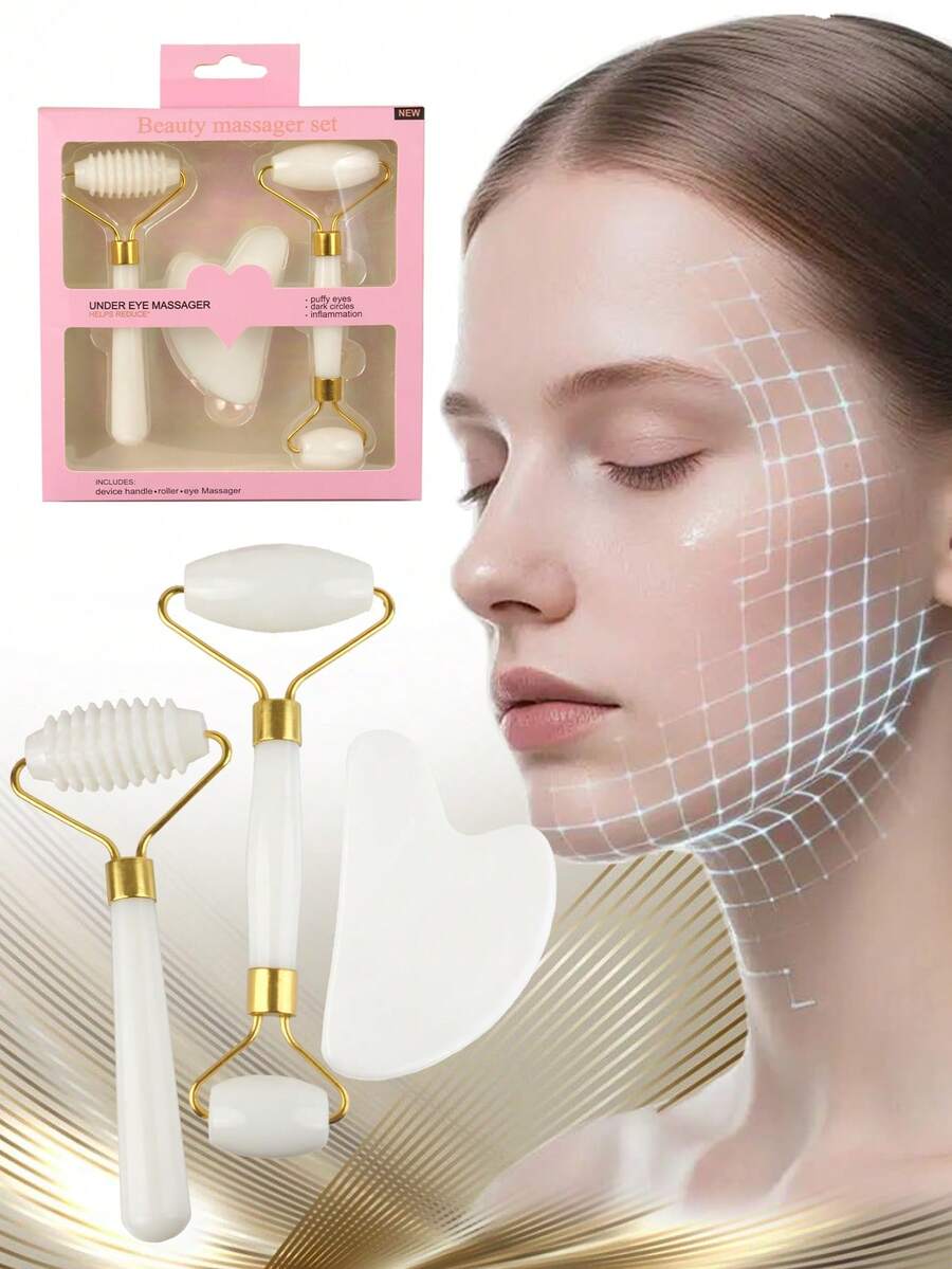 Bộ 3 dụng cụ massage mặt Gua Sha: 2 con lăn massage hai đầu, 1 tấm Gua Sha hình trái tim, giúp giảm sưng tấy, làm dịu và nâng cơ da cho làn da rạng rỡ. Thích hợp cho làm đẹp, chăm sóc da, spa, tự chăm sóc bản thân, dụng cụ chăm sóc da, chăm sóc da mặt, dụng cụ dành cho chuyên viên làm đẹp, massage, dụng cụ massage mặt, con lăn massage mặt. - Nhiều màu - Xem 1