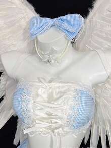 Blue Grid Maid Role-Play Costume Women Sexy Nightwear Laceup Mini Skirt JK Style Floral Lace Valentine's Day Honeymoon Weeding Night Sexy Sleepwear Nightgown With Headband For Wife Lover - 藍色 - 查看 4