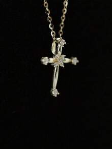 GAGAFEEL 1条S925纯银时尚个性化锆石十字架项链，女士生日婚礼永恒十字架吊坠项链珠宝礼品 - 金色 - 查看 4