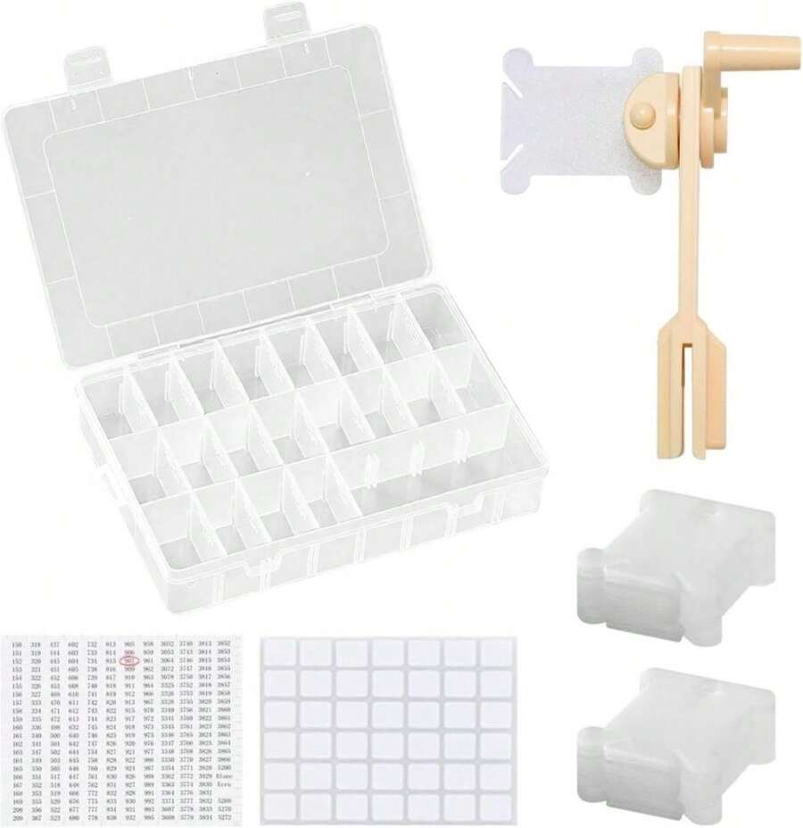 Embroidery Floss Organizer With 24 Compartments - Cross Stitch Thread Storage Box Includes 100 Plastic Bobbins, Stickers, Bobbin Winder For DIY Sewing Crafts - White - 查看 1