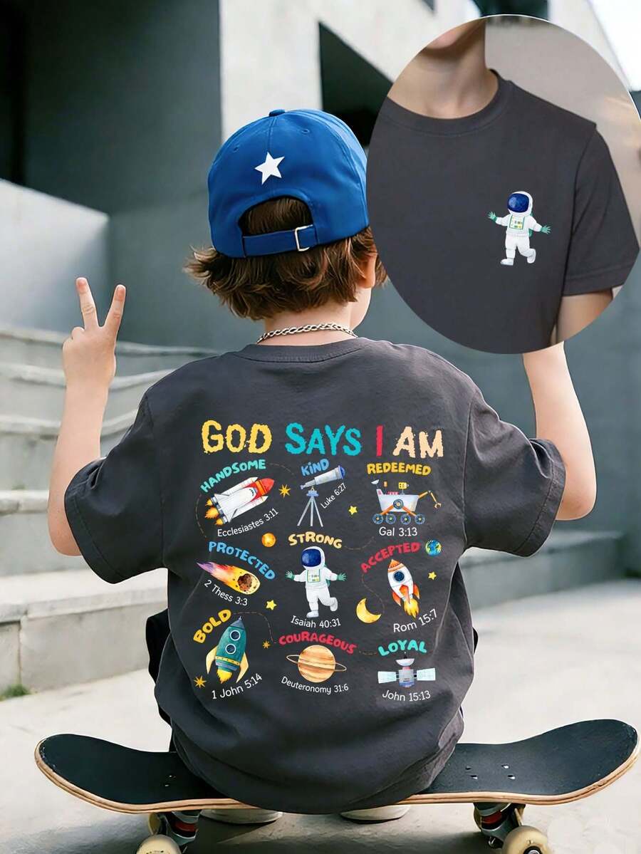 Kaos Grafis Anak Laki-Laki "Tuhan Berkata Aku Adalah...", Cocok untuk Jalanan, Kampus, Acara, Pakaian Sehari-hari, Atasan Musim Panas Modis untuk Anak Laki-Laki - Dark Grey - View 1