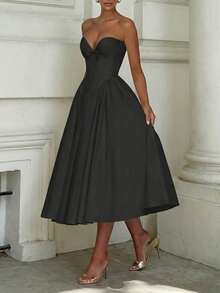 Elegante vestido de estilo princesa con escote en V, lazo decorativo, sin tirantes y espalda descubierta, ajustado y elegante para mujeres - Negro - Ver 8