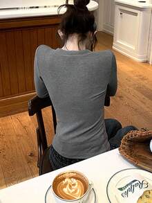 Sweet & Cool Plaid Patchwork V-Neck Long Sleeve T-Shirt, Slim Fit Layering Top, Spring/Summer - Grey - View 6