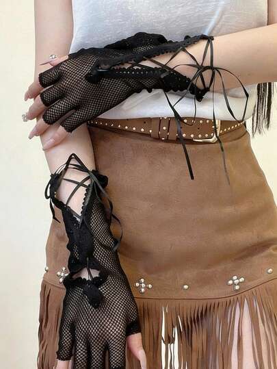 1 Pair Y2K Subculture Baddie Black Ribbon Tie Mesh Arm Sleeves, Breathable UV Protection, Essential For Nightclub, Party, Dancing