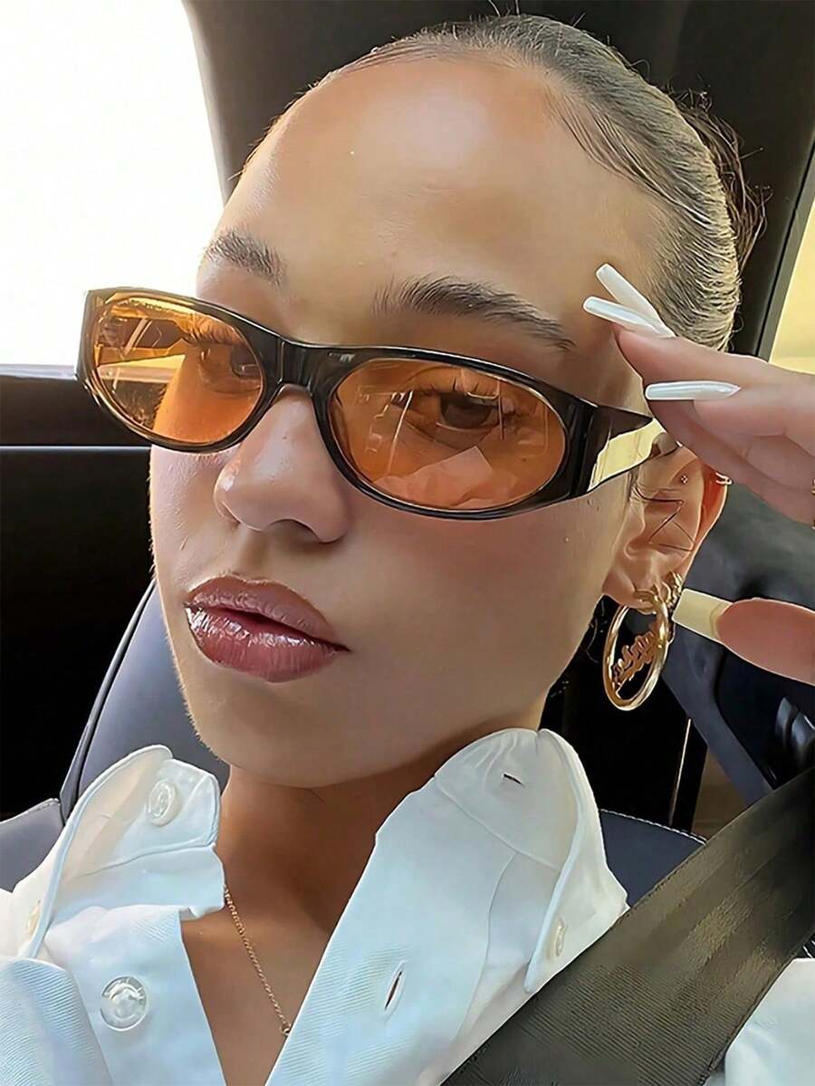 1 Pair Small Black Frame Orange Lens Glasses, Suitable For Outdoor Use - Orange - View 1