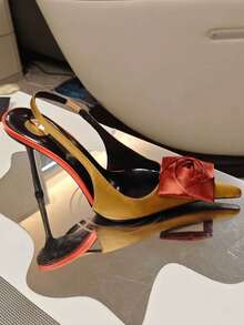 Giày sandal cao gót mũi nhọn mùa xuân 2026, hở gót, trang trí hoa, gợi cảm và thanh lịch, [Lưu ý: Hoa 3D được làm thủ công, hình dạng có thể thay đổi ngẫu nhiên] - Màu vàng - Xem 3