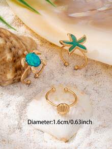 Bộ 3 chiếc nhẫn hình rùa và sao biển phong cách bãi biển, nhẫn xếp chồng phong cách Boho, thích hợp cho đồ bơi và kỳ nghỉ. - Nhiều màu - Xem 3