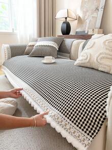 1 Stück romantische Quasten Sofa Abdeckung, warm, weich und hautfreundlich, rutschfeste Rückseite, maschinenwaschbar, farbecht, Feiertags-Dekoration, geeignet für 1/2/3/4-Sitzer Sofa Armlehne & Rückenlehne Abdeckung, ganzjährig verwendbar - Schwarz - Übersicht 7