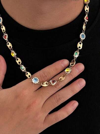 1pc Vintage Glamorous Multi-Color Rhinestone Star Necklace, Men's Personalized Choker Necklace, Daily Party Outfit Accessory, Couples Necklace, Holiday Gift