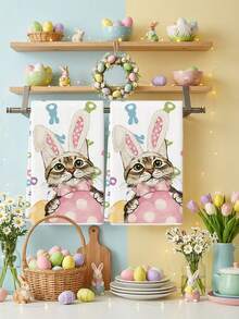 2条猫咪兔耳图案厨房毛巾，复活节主题，可作厨房擦手巾、茶巾等使用。 - 白色 - 查看 1