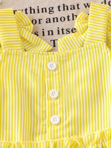 2pcs Baby Girl Sweet & Fresh Striped Ruffle Back Button Half-Placket Bow Strap Top And Bowknot Frayed Waist Elastic Waist Denim Pants Set - Yellow - View 7