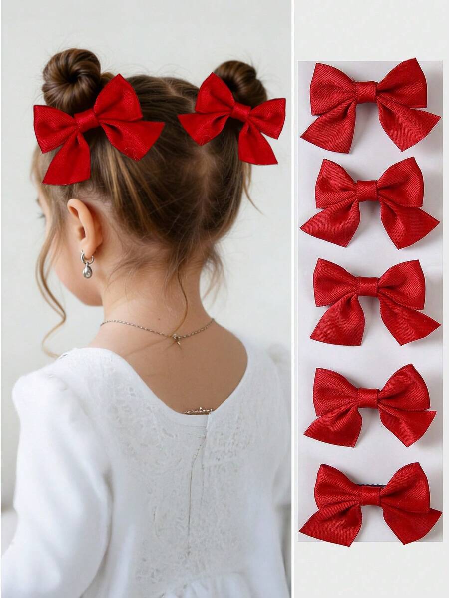5件套女孩红色布艺蝴蝶结发夹，鳄鱼夹，侧刘海夹，装饰发饰，适合圣诞节、情人节、日常使用 - 紅色 - 查看 1