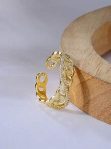 1 pieza Anillo abierto de mujer con cadena cruzada de circonita brillante, anillo de cobre con circonita micro-incrustada de lujo - Dorado - Ver 3