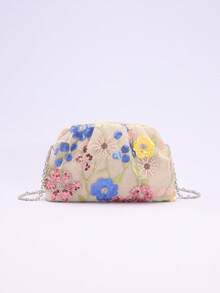 1 chiếc túi xách cầm tay bằng vải lanh lưới thêu họa tiết hoa, đính sequin PVC nhiều màu sắc, kiểu dáng đám mây, lấp lánh, thích hợp cho tiệc tối, đi chơi hoặc đi du lịch (Họa tiết hoa được gửi ngẫu nhiên) - Màu Khaki - Xem 5