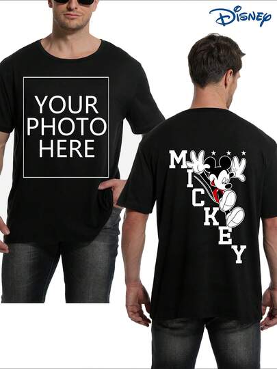  [Customized] 1pc Men's Short Sleeve T-Shirt, Disney IP Licensed, Mickey Mouse Graphic Print, Men's Short Sleeve T-Shirt Customization Service, Support Exclusive Slogan/Creative Design/Anime Character/Couple/Pet Photo/Selfie/Celebrity Front Print, Crew Neck With Slight Stretch, Fashionable And Versatile Short Sleeve T-Shirt, Men's Short Sleeve T-Shirt