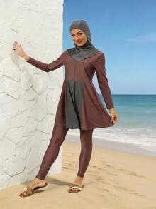 VFJ 女士高弹力保守泳衣圆领拉链布基尼高腰泳裤休闲穿着全包覆 - 中紫紅色 - 查看 2