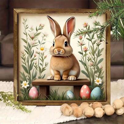1pc Easter Wooden Frame Decoration, Rustic Vintage Wooden Bunny Wall Hanging - A Country-Style Home Decor, Featuring Cute Bunnies, Flowers, And Easter Eggs. Suitable For Tabletops Or Walls, Perfect For Living Rooms, Bedrooms, Offices, And Bathrooms - The Perfect Gift For Mothers