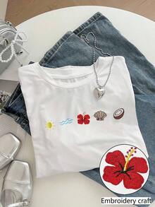 Women's Casual Short-Sleeve Crew Neck T-Shirt With Letter And Blueberry Print - 白色 - 查看 2