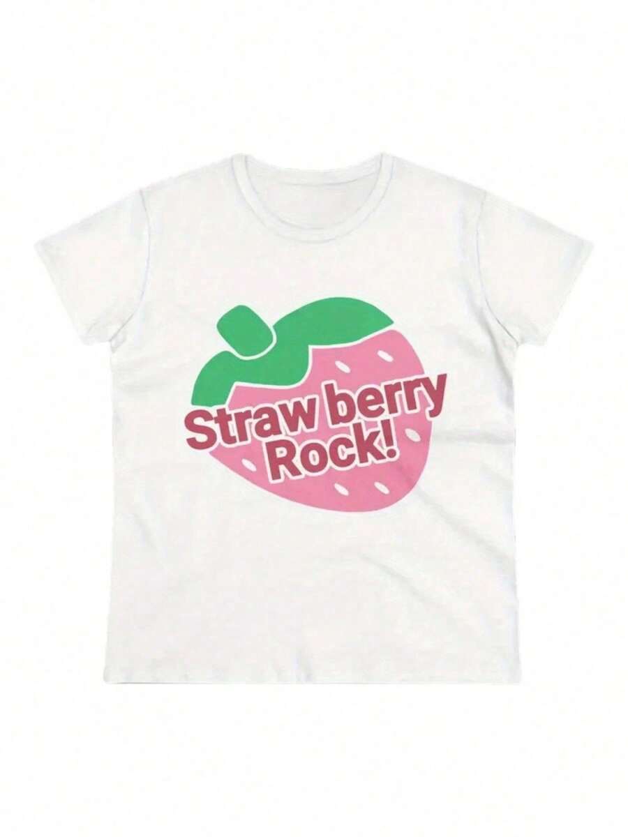 Strawberry Rock Kawaii Anime Cute Printed T-Shirt Women Printed T-Shirt Cotton Retro Street Women Short-Sleeved T-Shirt Round Neck Casual Women Outdoor T-Shirt Short-Sleeved Halloween Christmas Daily Four Seasons Wear Holiday Gifts - 白色4 - 查看 1