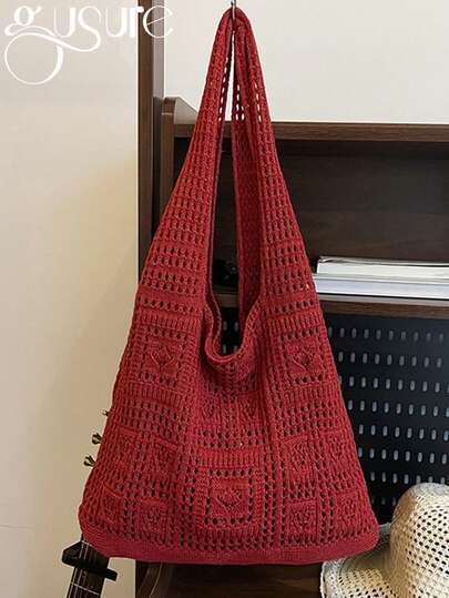 Designer Knitted Handbags Female Large Capacity Totes Women's Shoulder Bag Summer Beach Bag Casual Hollow Woven Shopping Purses Knitted Shoulder Bag For Women's Leisure Commuting Hollowed Out Large Capacity Woven Handbag